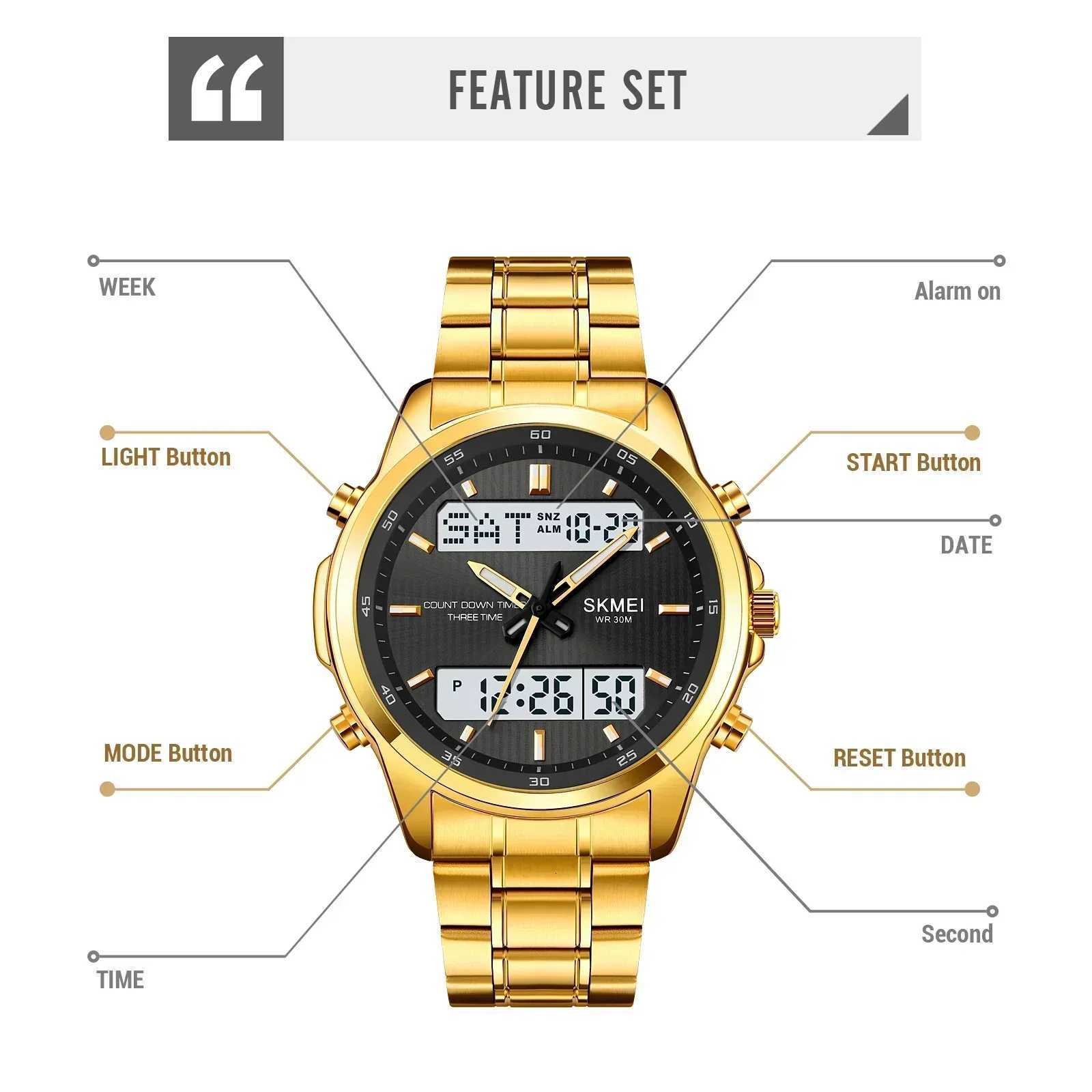 Skmei 2049 Backlit Sport Waterproof Alarm Clock 3 Time Mens Watch Countdown Timer Digital Watch Fashion WatchesT251104