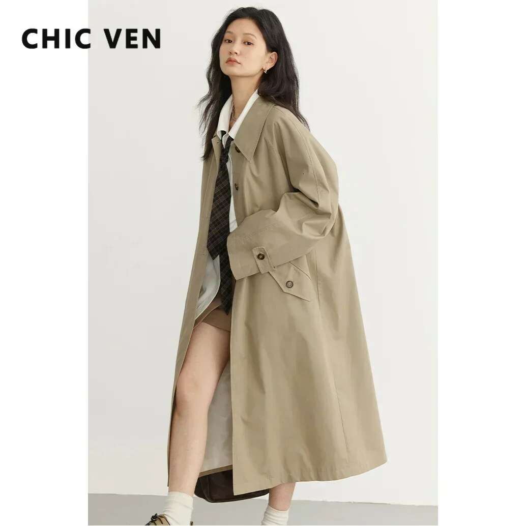 CHIC VEN Women's Long Trench Coat Casual Outerwear Loose Ladies Overcoat Single Breasted Female Windbreaker Spring Autumn 2023