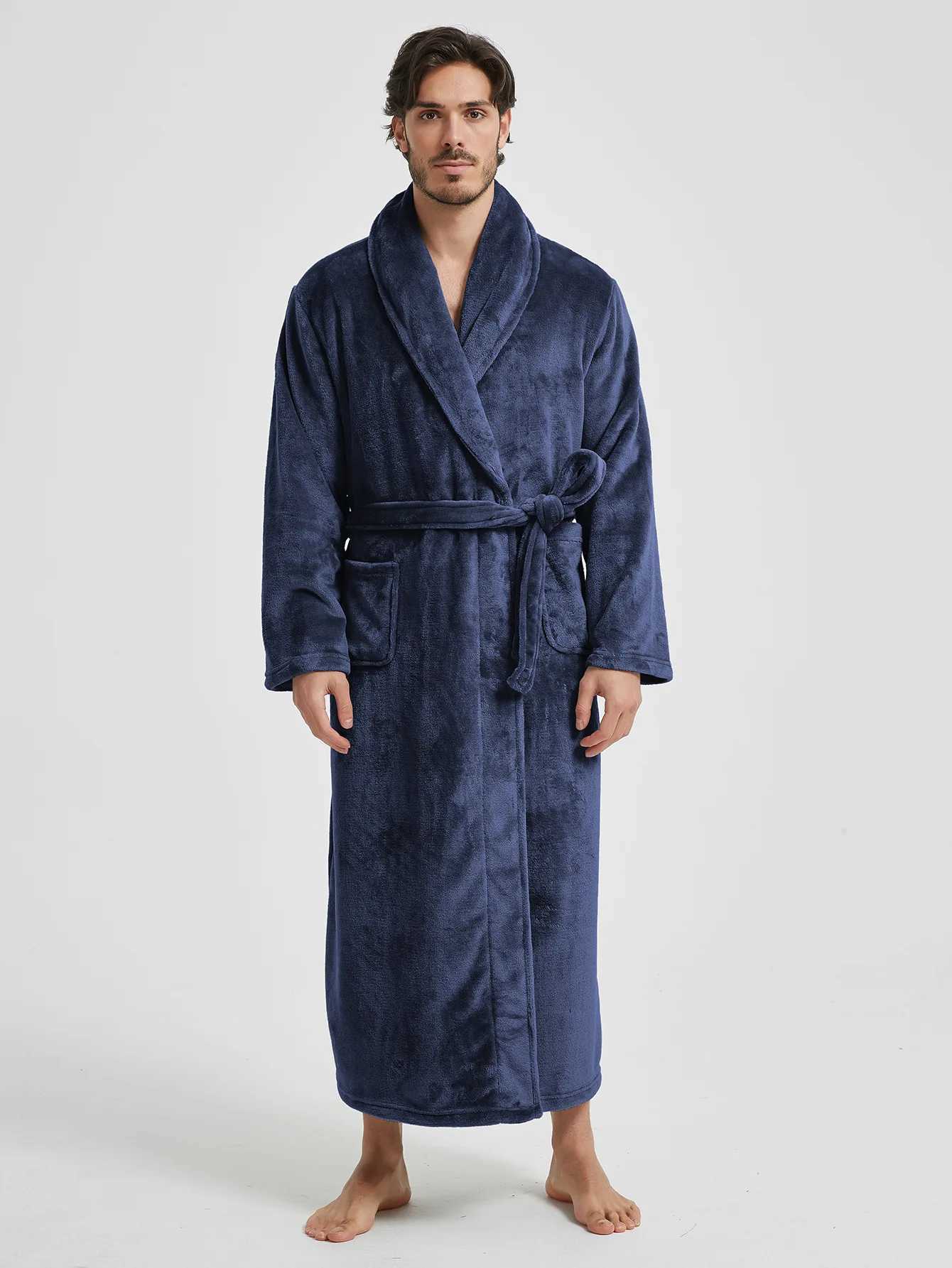 Men Winter Fleece Bathrobe Thicked Solid Long Sleeve Bath Robe with Sashes Kimono Flannel Warm Bathrobes for Male C251104