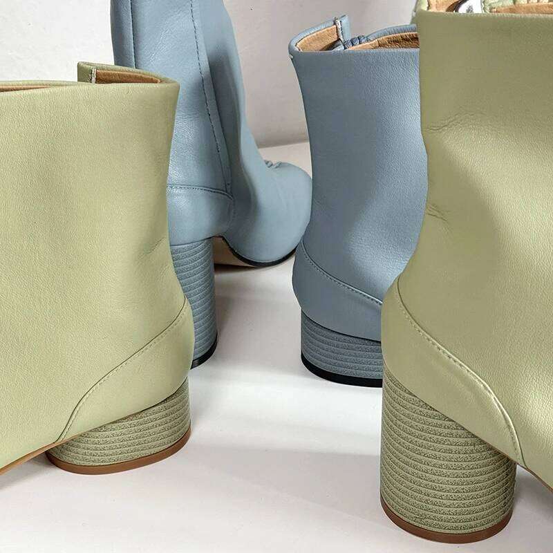 2025 Women Winter Ankle Blue Green Tabi Shoes Split-Toe Boots Genuine Leather