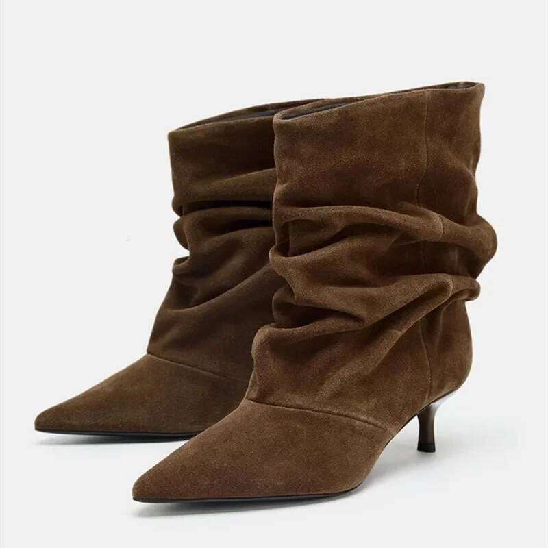 Suede Winter Women High Pointed-Toe Pleated Short Female Brown Retro Elegant Designer Ankle Boots Bottes Femmes