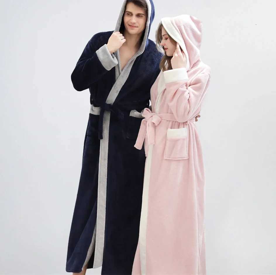 Autumn Winter Flannel Long Bathrobe Kimono Gown Thicken Warm Hooded Robe Home Dress Loose Casual Couple Sleepwear Lounge Wear C251104