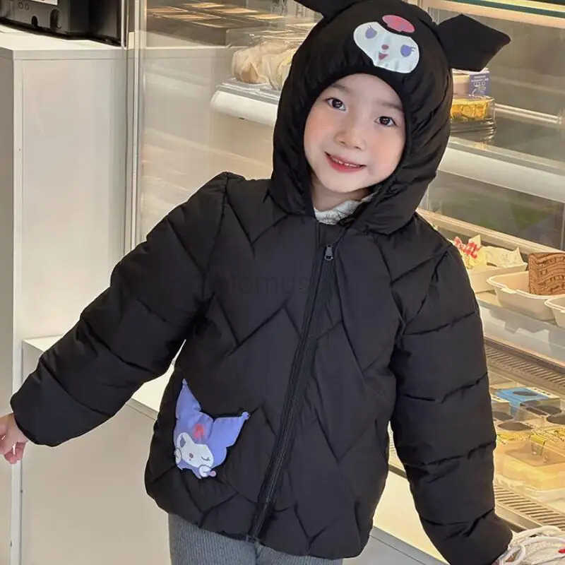 Sanrio Kuromi Kids Cartoon Cotton Padded Jacket Girl Kawaii Thick Hooded Jacket Leisure Keep Warm Coat Autumn/winter Clothes New H251104
