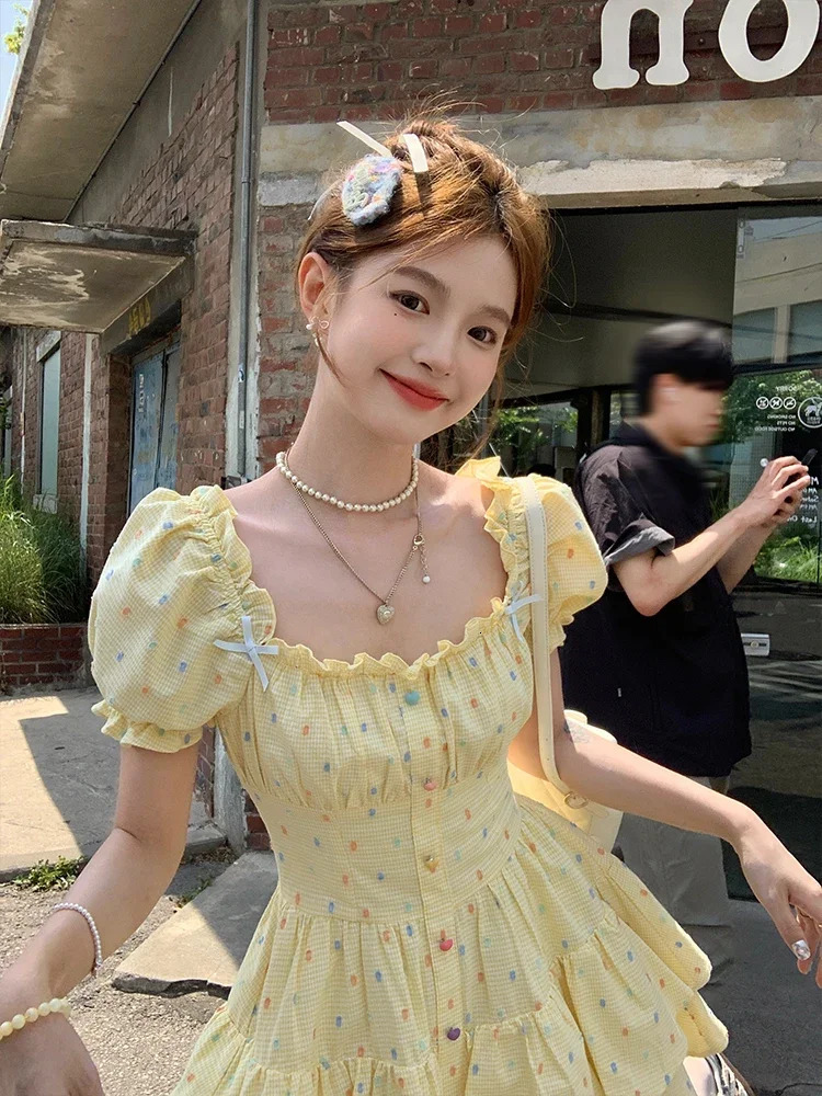 High Quality Selling Yellow Square Neck Bubble Sleeve Polka Dot Dress Women French Sweet Waist Cinching Dress Vestido Y2k 250403
