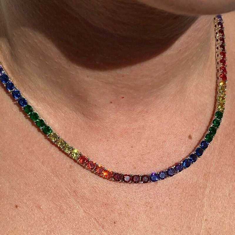 Iced Out Clustered Tennis Chain Necklace Hip Hop Rainbow Cubic Zirconia Silver Color Fashion Rock Women JewelryXJ251104