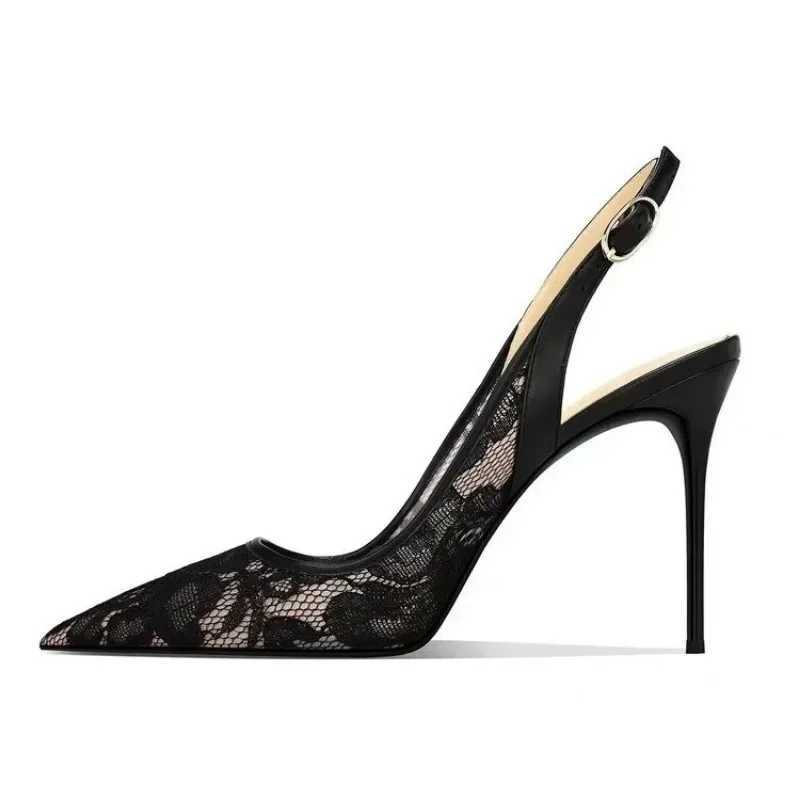 Lace Womens High Heels Sexy Party Pumps 2025 New Fashion Pointed Toe Buckle Strap Thin Heel Slingbacks Womens Sandals W251104