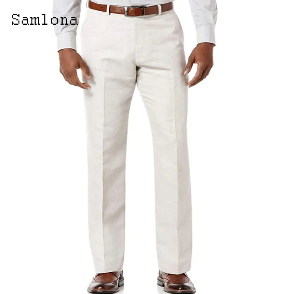 Samlona Mens Casual Linen Pants Solid Elastic Waist Loose Straight Trouser Plus Size 3xl Mens Fashion Leisure Beach Pants 250402