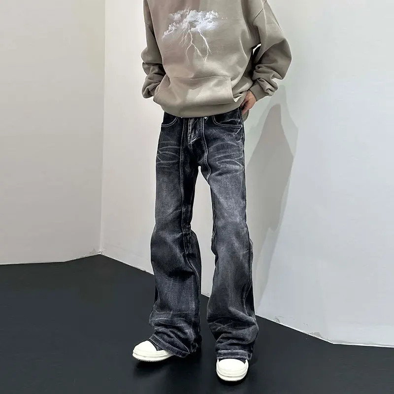 Mens flat pants denim pants floor length jeans casual pockets buttons zippers high waisted autumn patchwork straight Trousers 250402