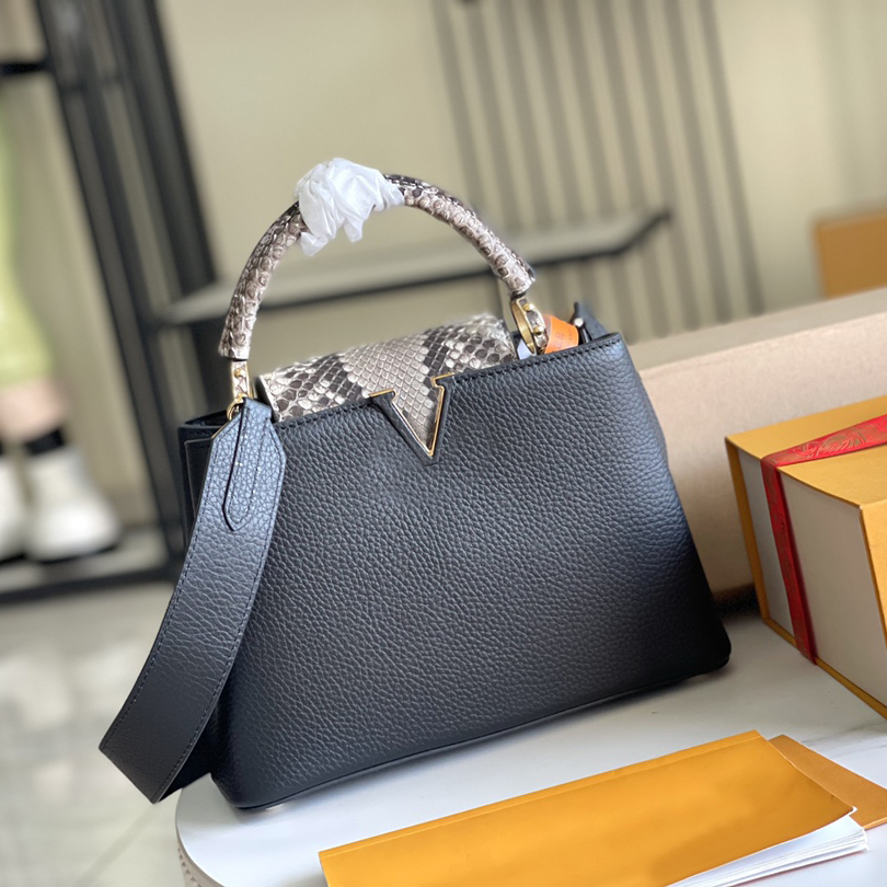 10A Designer Capucines Handbag - Luxe Black Leather with Exotic Python Accents, Gold Studs, and Litchi Grain Leather with Pure Calfskin Lining