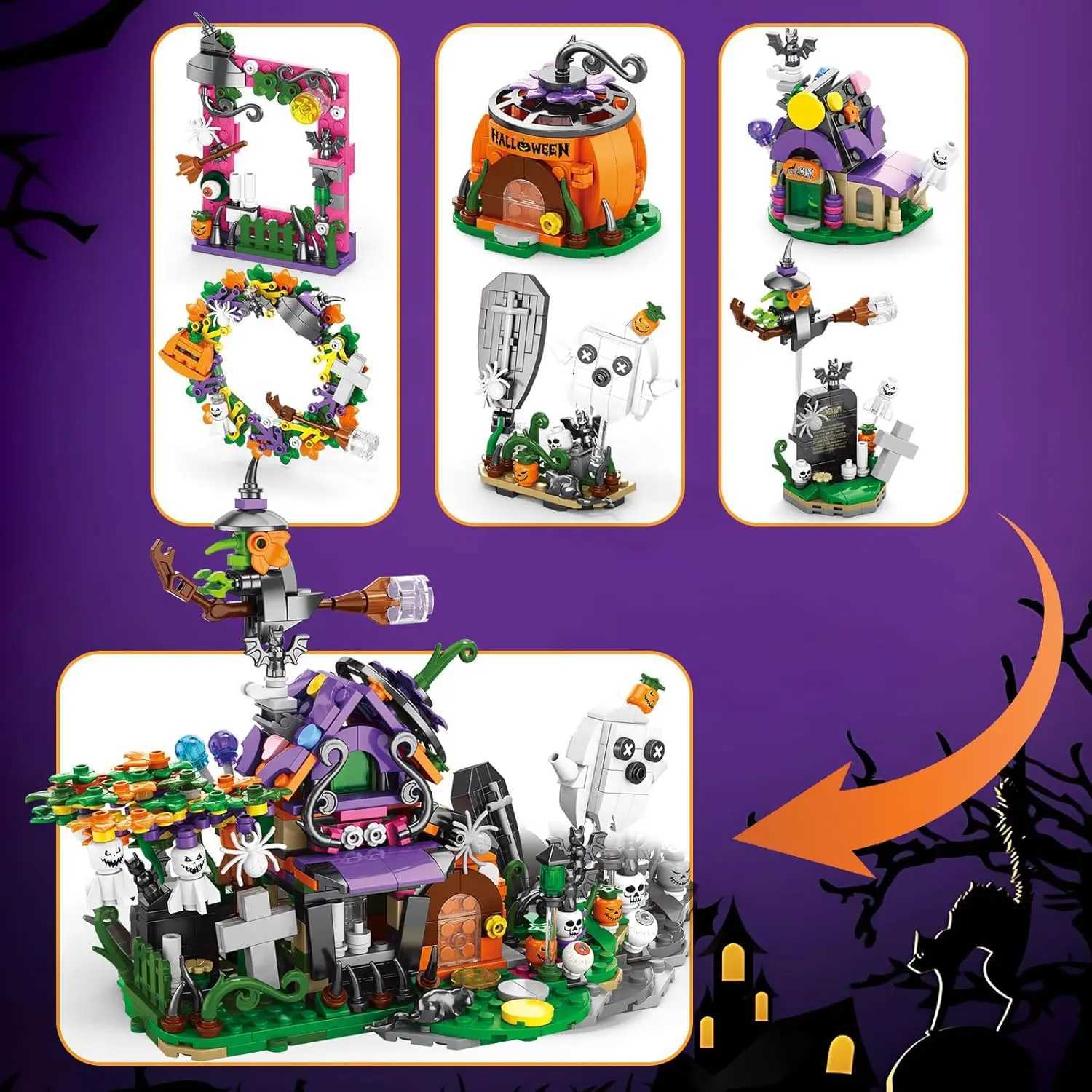 6 in1 Halloween Prank Haunted House Building Block Set Small Particle Assembly Model Puzzle Toy Holiday Gift C251104