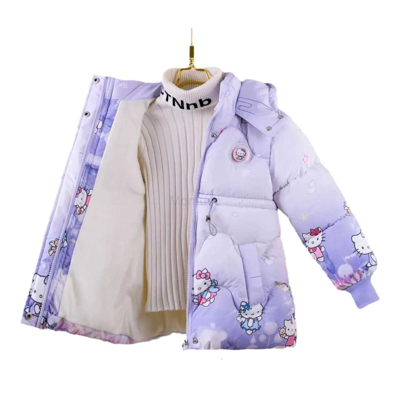 Sanrio Baby Girl Outerwear New Winter Children Cartoon Hello Kittys Printed Plush Thick Warm Princess Coat Zipper Hooded ParkaBag Gift H251104