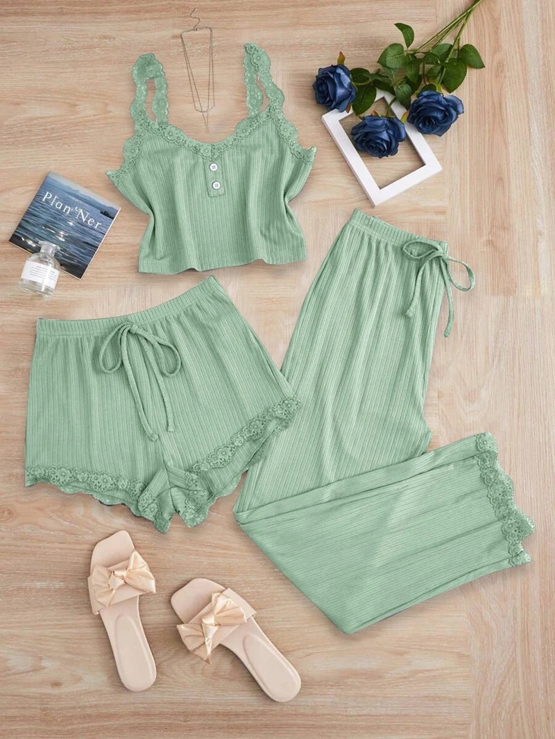 3Pcs Sets Pj Lightweight V-Neck Cami Top Lace-up With Ruffle Shorts Women Pajama Set For All Seasons Cozy Sleepwear Loungewear 250403