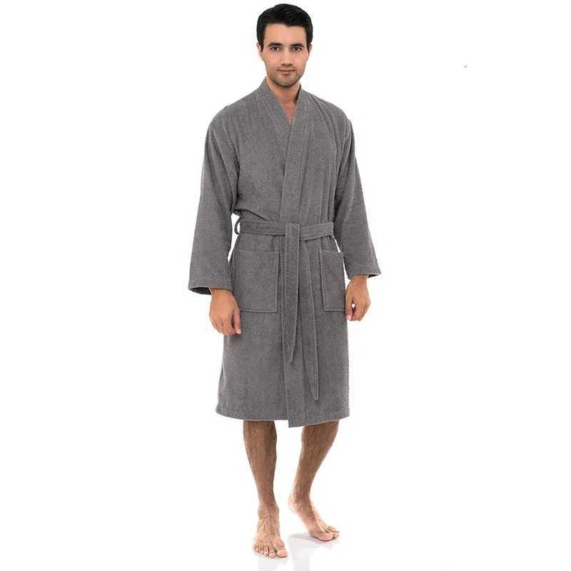 100 Cotton Mens Winter Bathrobe Solid Terry Homewear Pockets V Neck Length Robe Kimono With Sashes For Male 2024 C251104