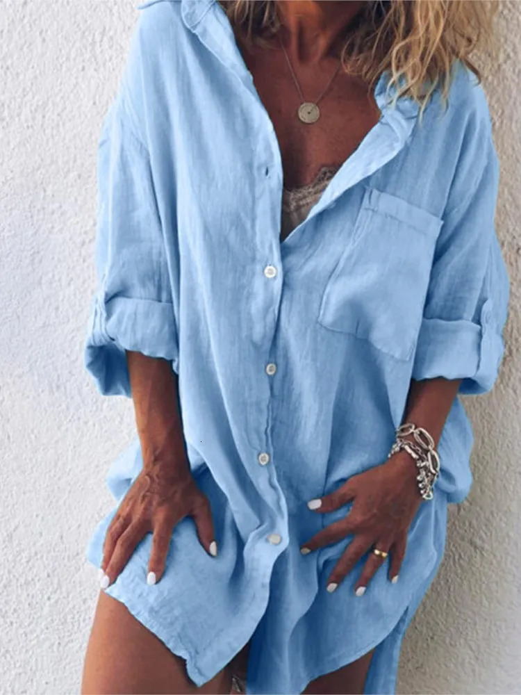 Summer Womens Clothing Fashion Cotton Linen Pocket Beach Fashion Button Up Shirt Long Sleeved Casual Comfortable 250403