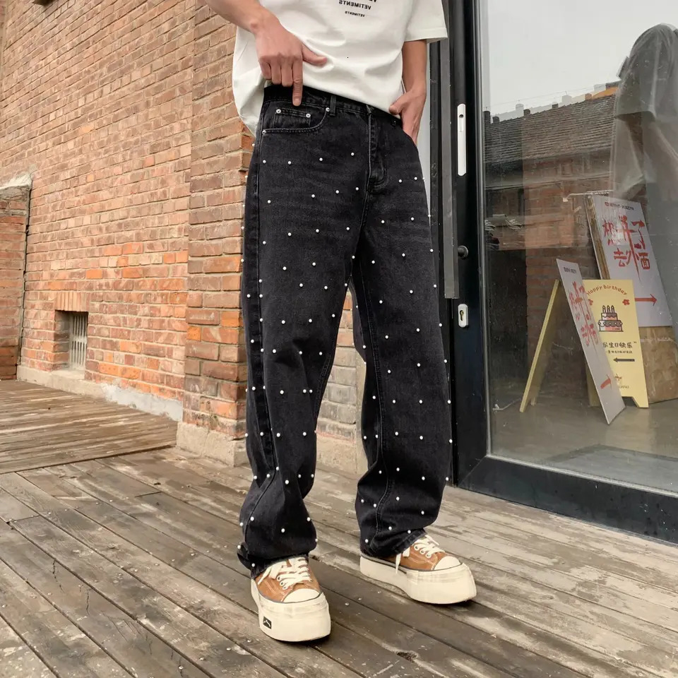 Pearl black wide jeans mens streetwear mid lift pants mens Y2K Trousers 250402