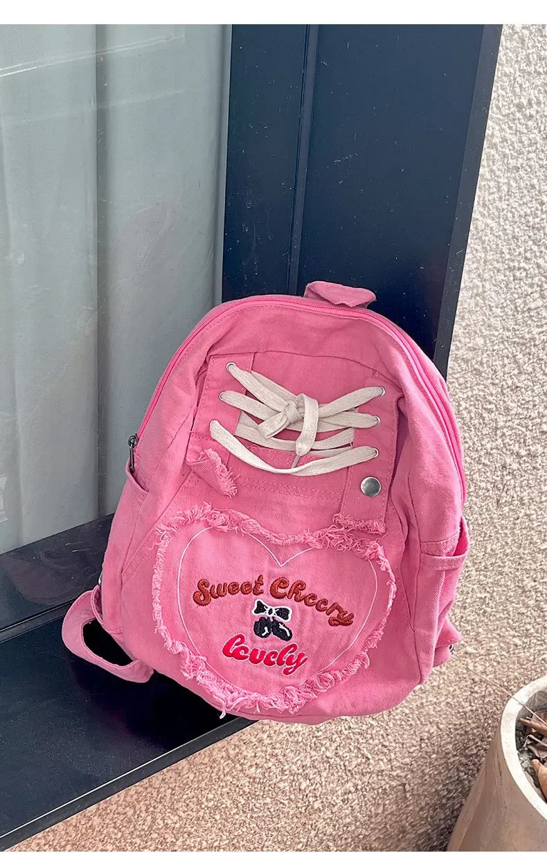 Cute Pink Denim Women Backpacks Large capacity shoulder Bags Girls School Embroidered letters daypacks Travel Jean Bagpack y251104
