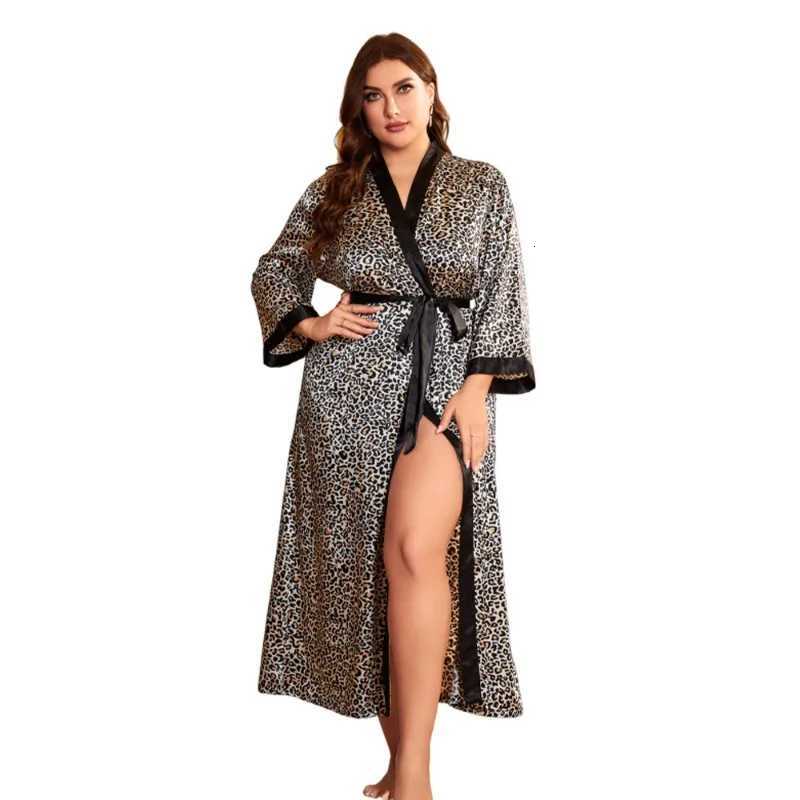Fashion Leopard Print Plus Size Sleepwear Women Silk-like Robe Home Clothes Pajamas Sexy Loose Cardigan with Lace Up Bathrobe C251104