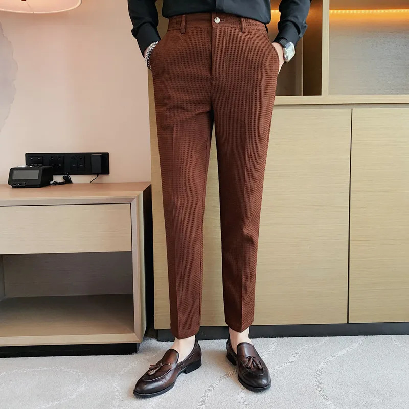 Autumn Waffle Elastic Waist Business Formal Pants Mens Fashion Wedding Ultra Thin Trouser Mens Social Party Set Pants 250402