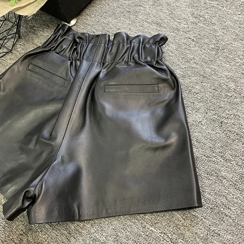 Womens elastic waist wide leg shorts casual metal button leather soft sheepskin 250401