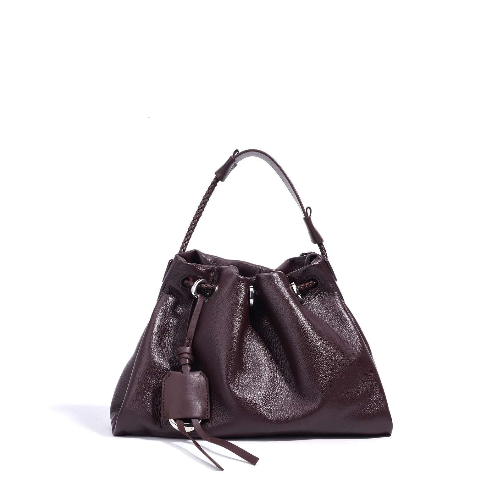 Genuine Leather Lucky 2025 New Niche Design Top Layer Cowhide Drawstring One-Shoulder Crossbody Bag Fashion Ladies Handbag