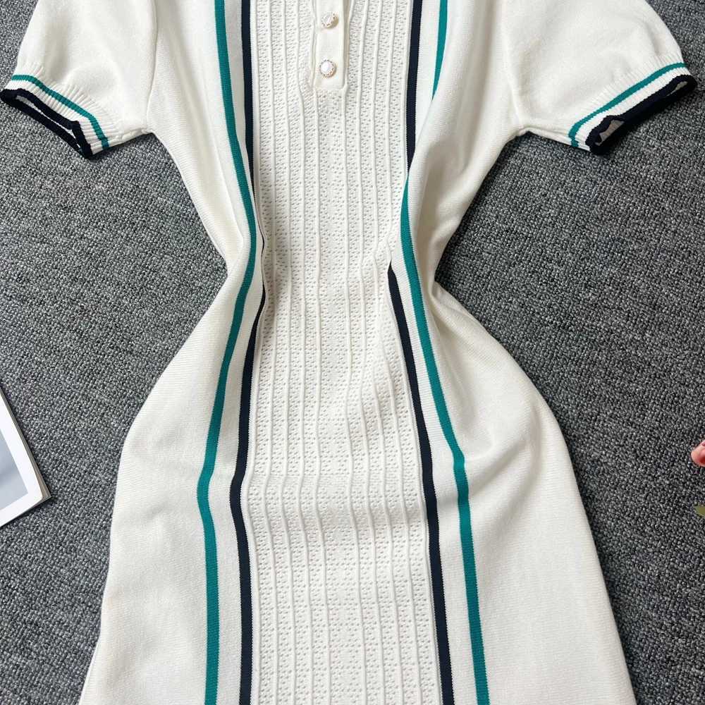 YuooMuoo Women Dress 2025 Summer Vintage Turn-down Collar Knitted Mini Dress Lady Slim Elastic Ruffled Bodycon Party Dress Robes X250403