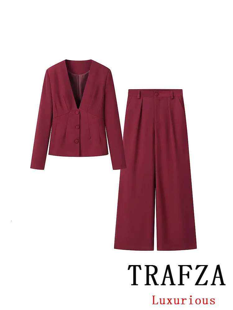 TRAFZA Vintage Chic Office Lady Solid Women Suit Single Breasted Blazer Straight Loose Pants New Fashion 2025 Autumn Winter Sets