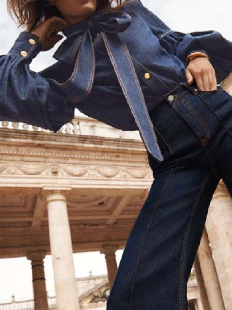 Gymystars New Trendy Imitation Denim Blouse Tops For Women Long Puff Sleeves Bow-Embellished High Neck Women's Autumn Shirts