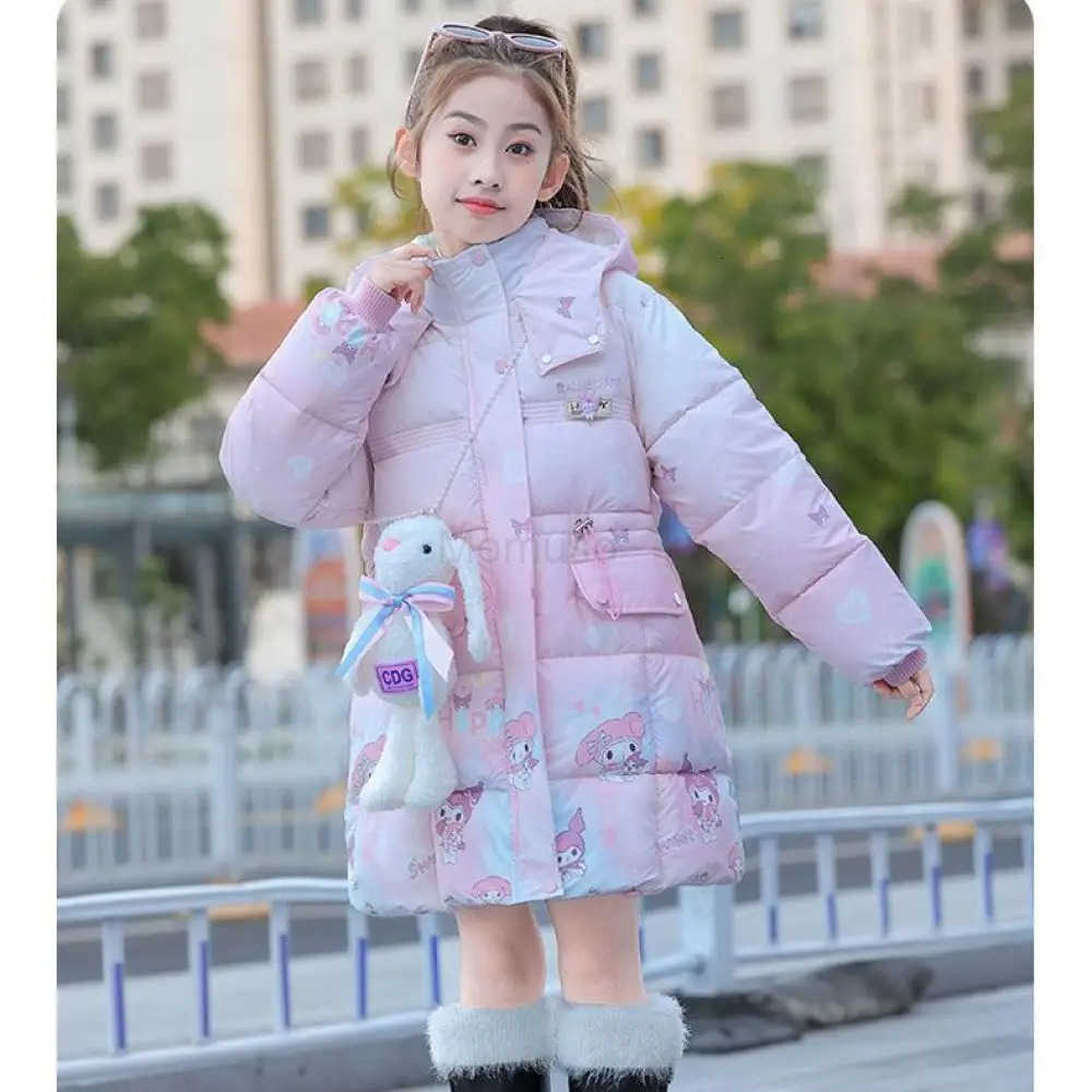 Sanrio Girls Kuromi Cotton Clothes Medium Length Child Coat Kawaii Thicken Cotton Padded Jacket Outwear Childrens Clothing Gift H251104