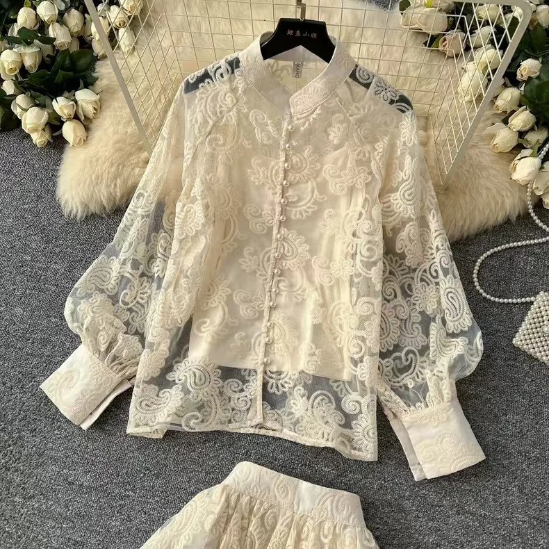 Elegant 2 Piece Long Dress Women Skirt Set Summer Autumn Flower Embroidery Hollow Out Lace Shirt A Line Midi Skirt Party Dresses 250403