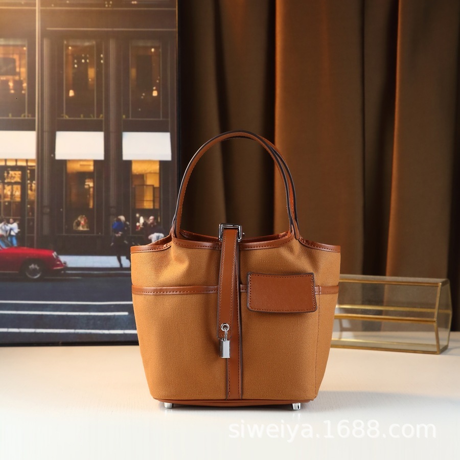 New Fashionable Canvas Bucket Versatile Splicing, Vegetable Basket Lock Women's Bag, Trendy