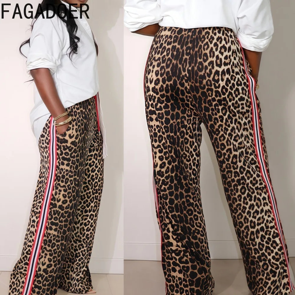 FAGADOER Casual Leopard Print Straight Pants Women Drawstring Stripe Patchwork Wide Leg Pant Trousers Female Streetwear Bottoms 250403