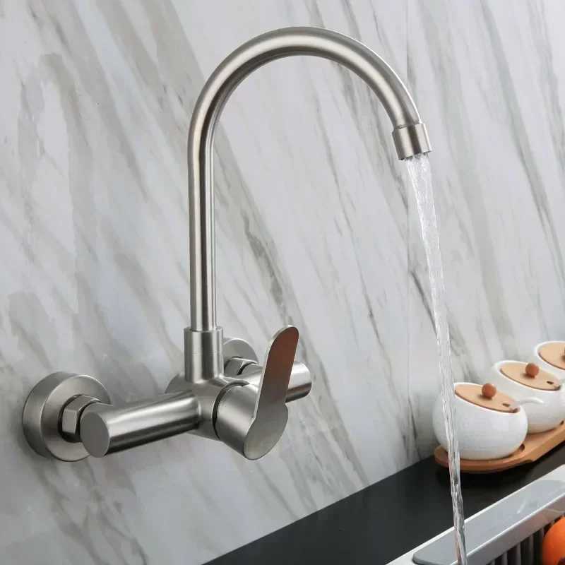 Double Hole Kitchen Faucet Wall Mounted Stainless Steel Washbasin Sink Faucet Hot and Cold Water Mixer Tap Bathro Faucets Y251104