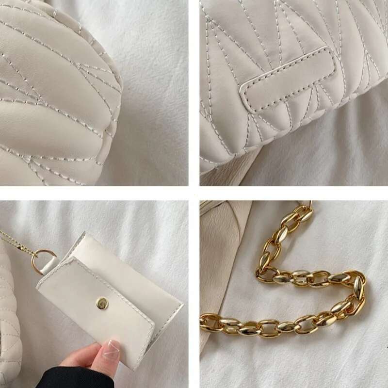 Quilted Ruched Crescent Fashion Chain Shoulder Bag, Women's Handbag with Coin Purse for Summer