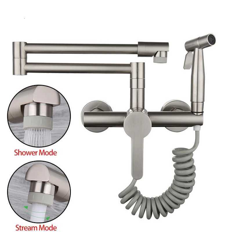 Kitchen Faucet With Spray Gun Double-Jointed Pot Filler Kitchen Sink Faucet Wall Mount Retractable Foldable Mixer Tap Swing Arm Y251104