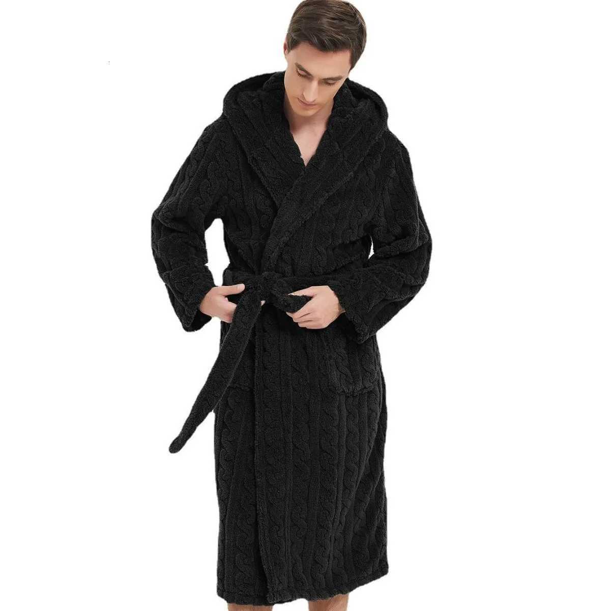 Jacquard Mens Bathrobe Solid Long Sleeve Winter Warm Male Kimono with Sashes Thick Hooded Pockets Men Bath Robe 2025 C251104