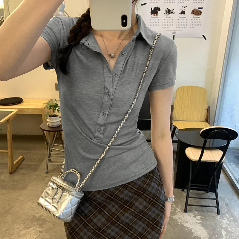 2025 Summer Polo Collar Womens T-shirts Solid Buttons Short Sleeve Bottom Korean Shirts Slim Knitwear Tops Female 250403
