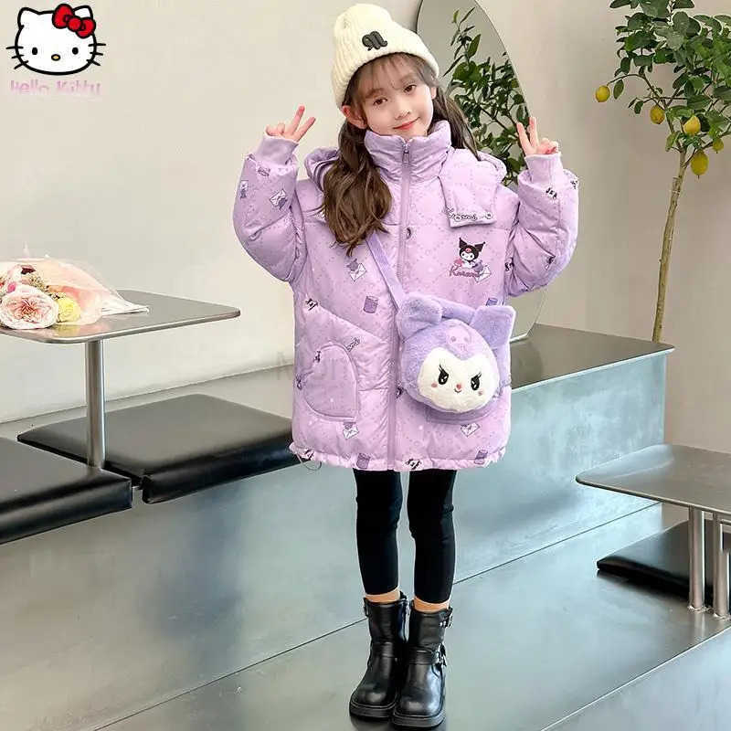 Sanrio Anime Cartoon Girls Kuromi Thickened Hooded Down Jacket Kawaii Winter New Kids Warm Cotton Jacket Customer Service Tops H251104