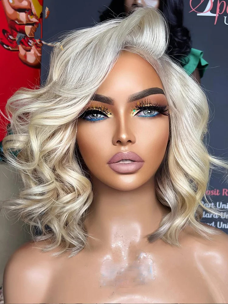 Braziilian raw virgin Platinum Ash Blonde Full lace Bob short wavy 5x5 Lace Closure Human Hair Wig side part 613 Transparent Lace Front Wig For Women