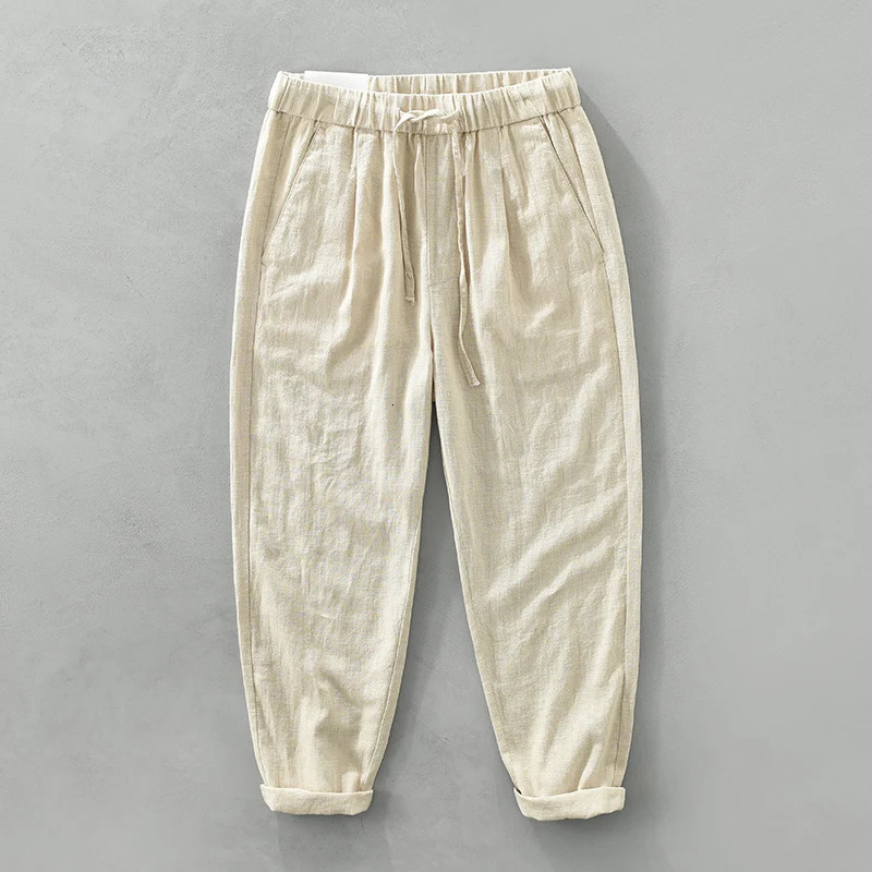 Spring Men Solid Color Linen Pants Male Casual Oversized Elastic Waist Trousers 250402