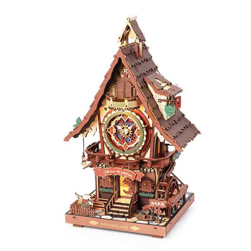 Robotime Rokr 3D Wooden Puzzle Cuckoo Clock Kit Black Forest Style with Working Bird DIY Clock Model Kit for Kids Adults Model C2511041
