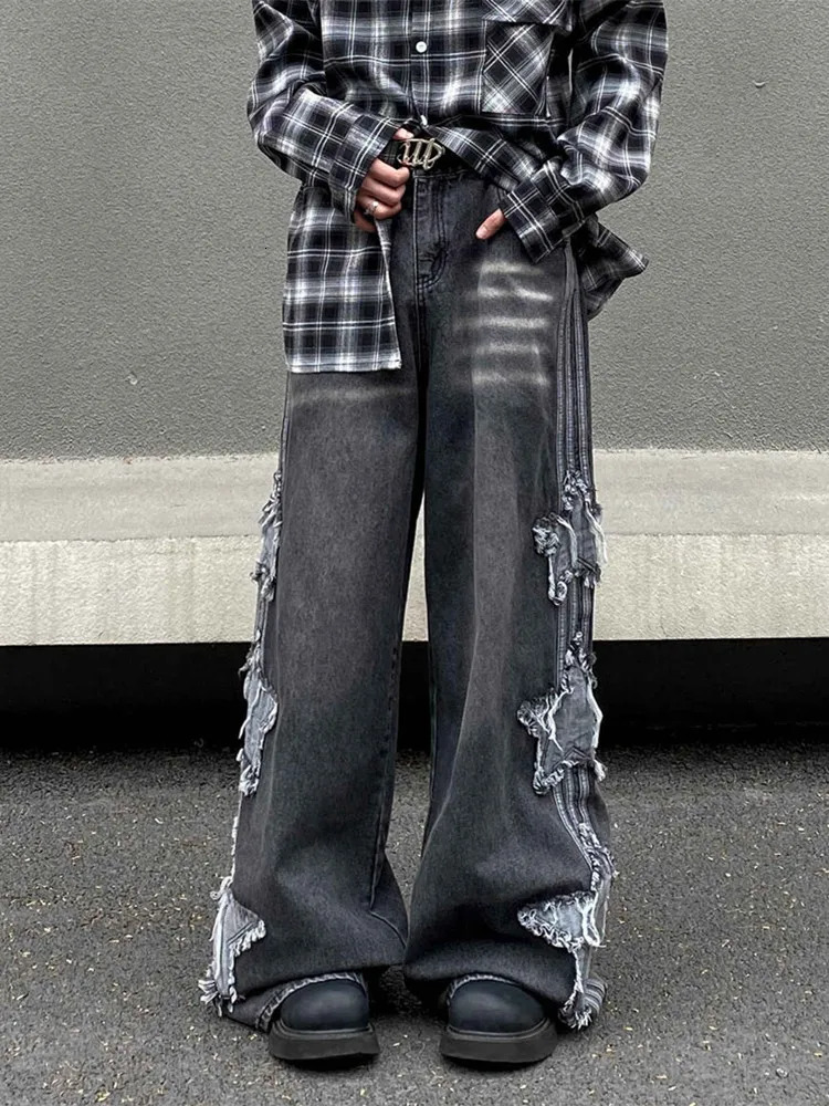 Ropa Y2K Streetwear Star Patchwork Embroidered Luggage Stacked Jeans Mens Wide Leg Old Straight Denim Shorts 250402