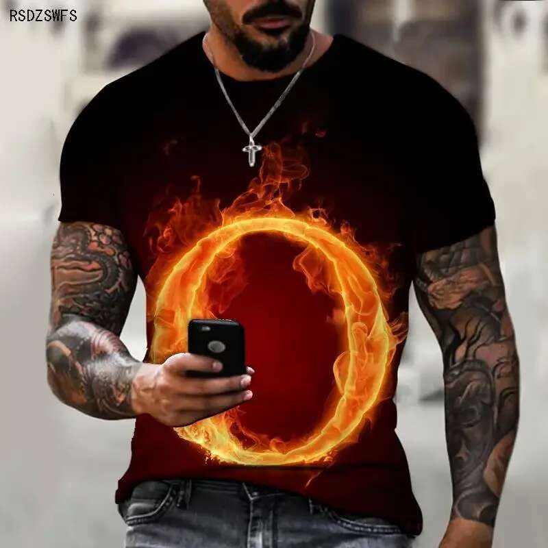 New Men's T-shirt 3D Printed Flame Initial Fashionable and Cool Street Top Plus Size Round Neck Short Sleeve