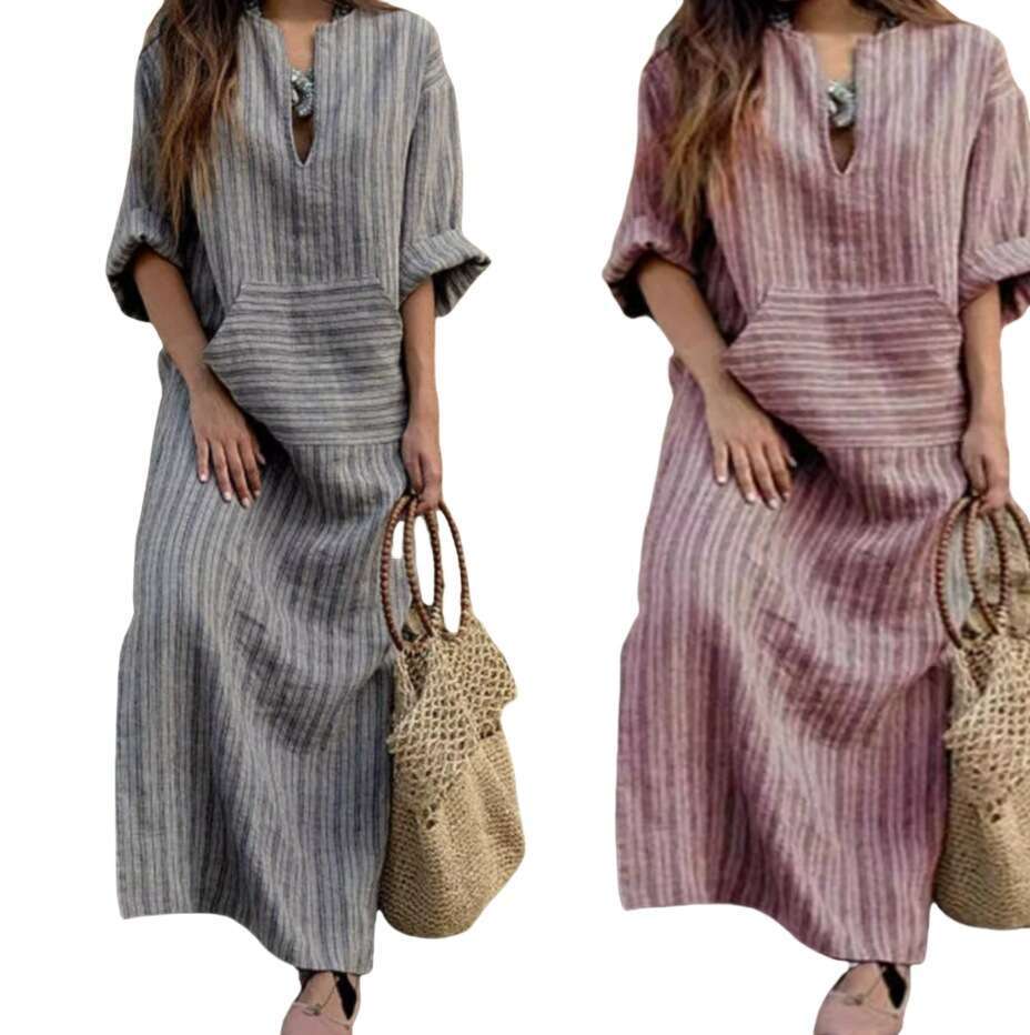 Popular European American cotton and en yarn dyed striped loose dress with versatile temperament in 2025, new trendy clothing ins
