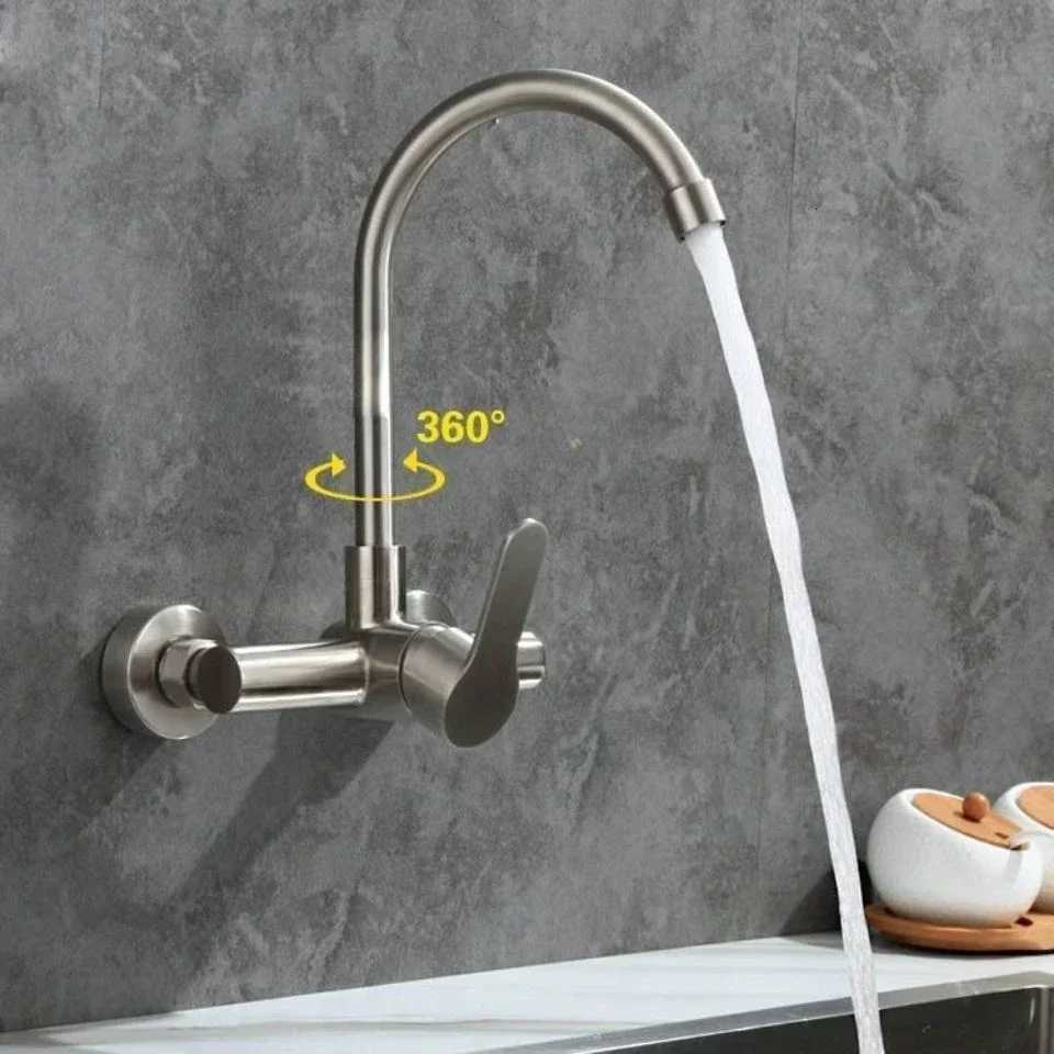 Double Hole Kitchen Faucet Wall Mounted Stainless Steel Washbasin Sink Faucet Hot and Cold Water Mixer Tap Bathro Faucets Y251104