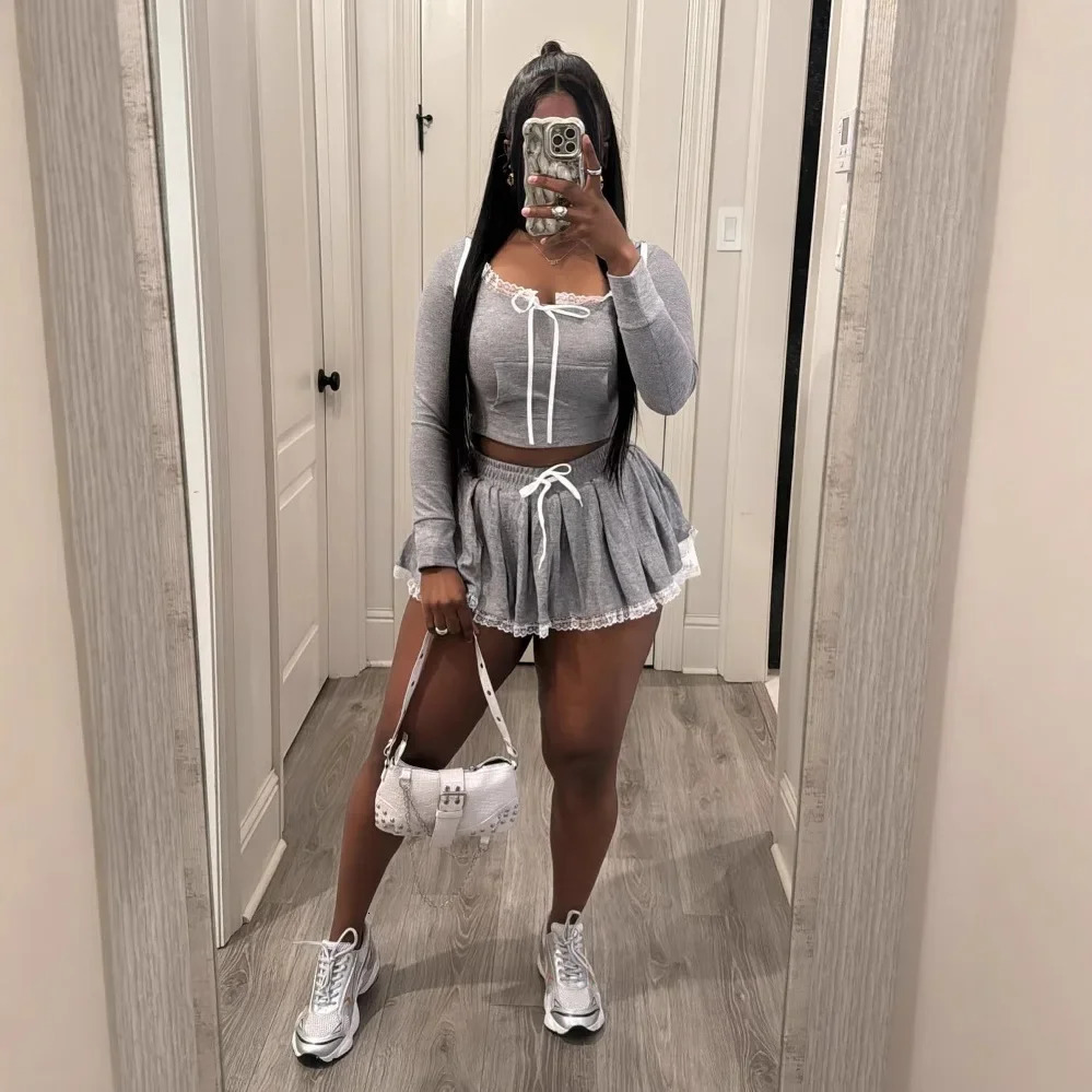 FF1391 Lace Patchwork Short Hoodie Sexy Set Womens Half Skirt Casual Two-Piece Set Streetwear Trendy Ensemble 250403