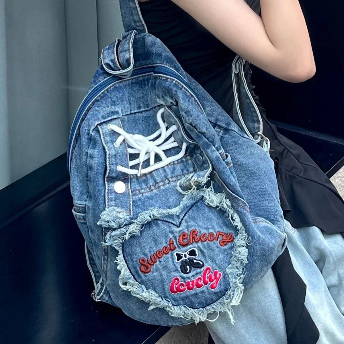 Cute Pink Denim Women Backpacks Large capacity shoulder Bags Girls School Embroidered letters daypacks Travel Jean Bagpack y251104