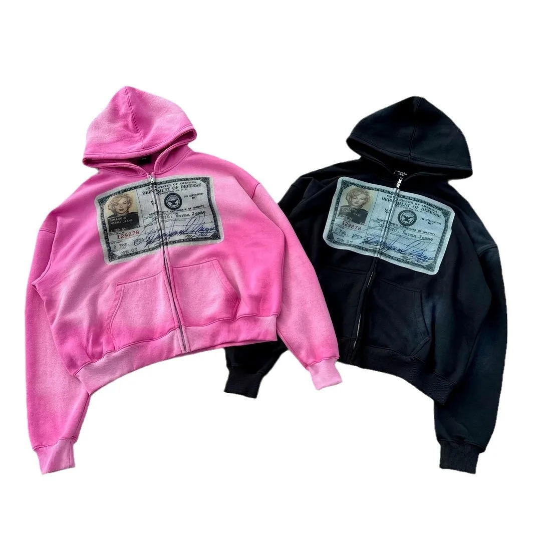 American Hip Hop Retro Printed Hoodie Mens Jacket Y2K Gothic Harajuku Street Zipper Hoodie Fashion Couple Oversized Sweatshirt 250402