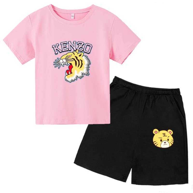 Summer T-shirt Childrens Set 3-14 Year Old Boys and Girls Casual Short sleeved T-shirt+Shorts Printed Tiger Clothing J250403