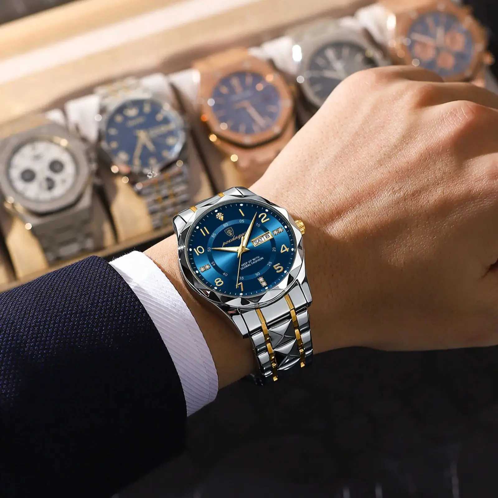 POEDAGAR Luxury Men Watch Waterproof Date Week Luminous Fashion Wristwatch Stainless Steel Quartz Sport Mens Watches Male RelojT251104