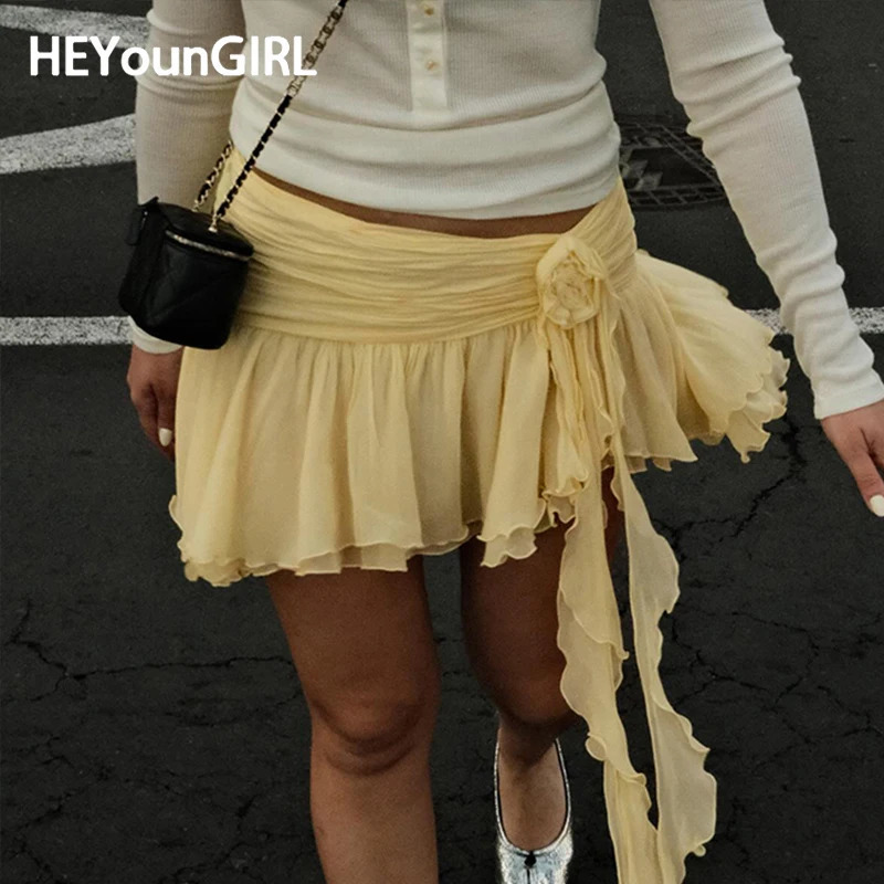 HEYounMIRL Yellow Silk Web Irregular A-line Skiing Aesthetics Fairy Ruffle Bottom Shorts Holiday Style Flowy Skiing Fashion 250402